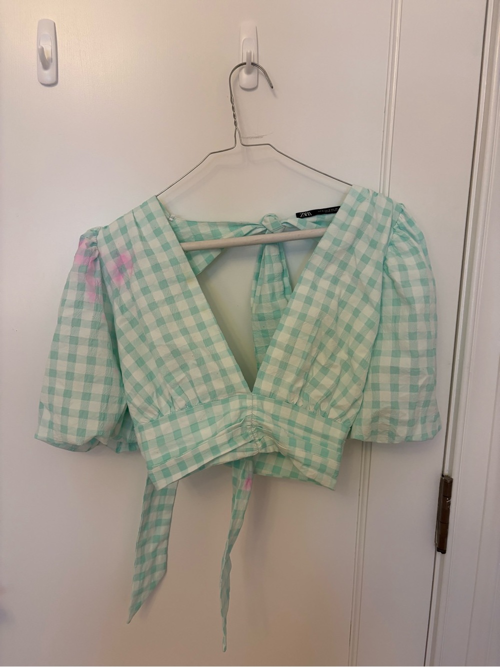 Zara Mint & White Gingham Tie-Back Crop Top